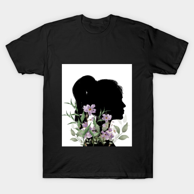 A girl silueth with watercolor flowers and leaves T-Shirt by Nataliia1112